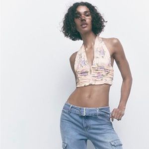 NWT Zara silky floral crop halter corset top S